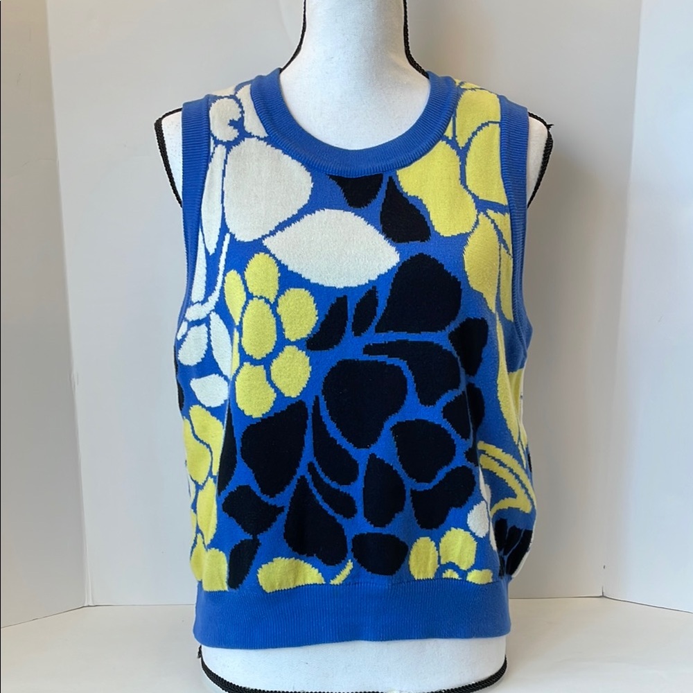 STINE GOYA Blue Yellow Black Floral Knit Sleeveless Sweater Vest